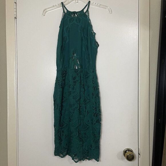 NEW! H&M Dark Green Lace overlay halter bodycon mini dress size US 6 - Picture 1 of 6